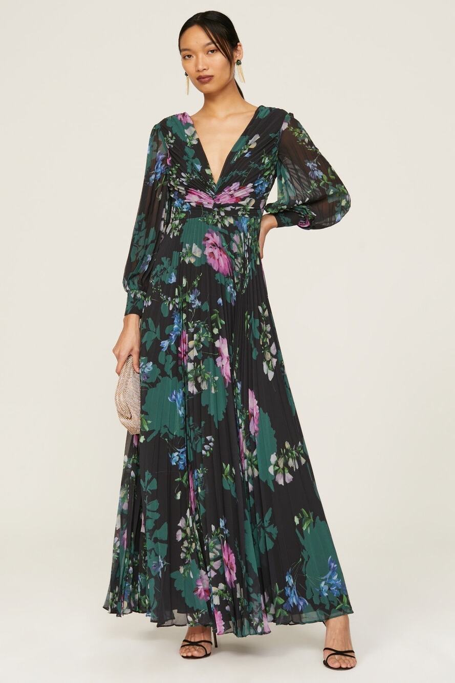 BADGLEY MISCHKA Black Green Floral Long Sleeve V-Neck Pleated Gown Size 4